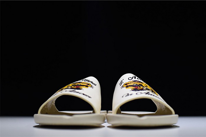 GUCCI Leather SLIDE SANDAL WHITE WITH TIGER WOMENS 1K969E 3F7U F0089