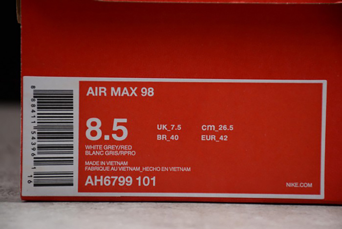 Nike mens Air Max 98 "Gym Red" White/Black-Gym AH6799-101
