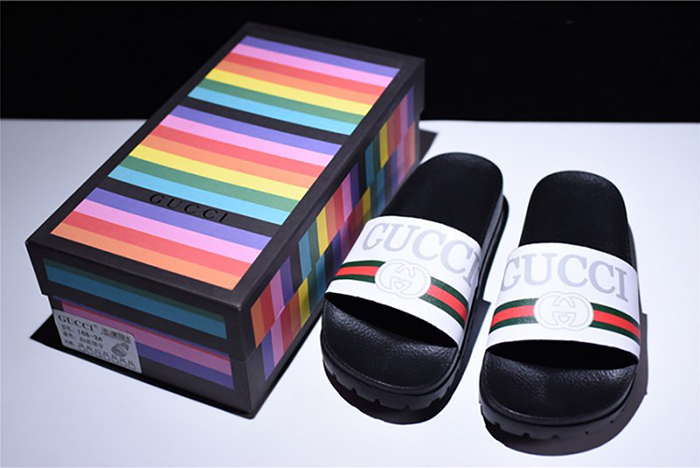 GUCCI Leather SLIDE SANDAL black WITH GG LOGO mens